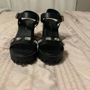 Black platform sandals with rhinestones